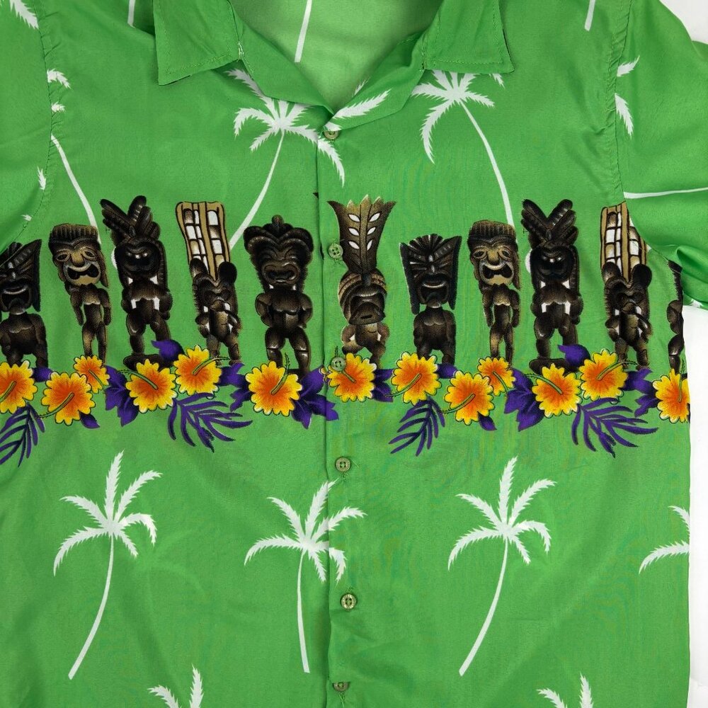 OnShore Hawaiian Shirt Mens Size Medium Green Tiki Statues Tropical Palm Trees S - Picture 5 of 11